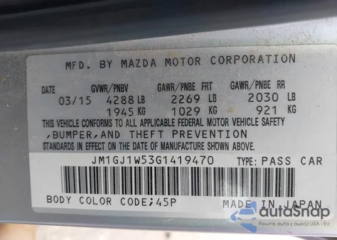 2016 Mazda Mazda6 I Grand Touring z USA, uszkodzony, nr VIN JM1GJ1W53G1419470